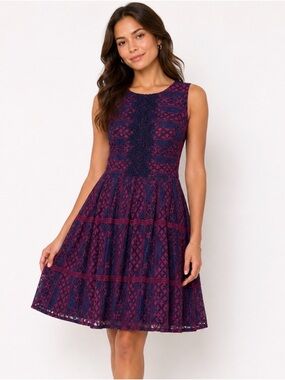 R&K Sleeveless Navy and Burgundy Lace Fit & Flare Dress SZ 4 petite lined